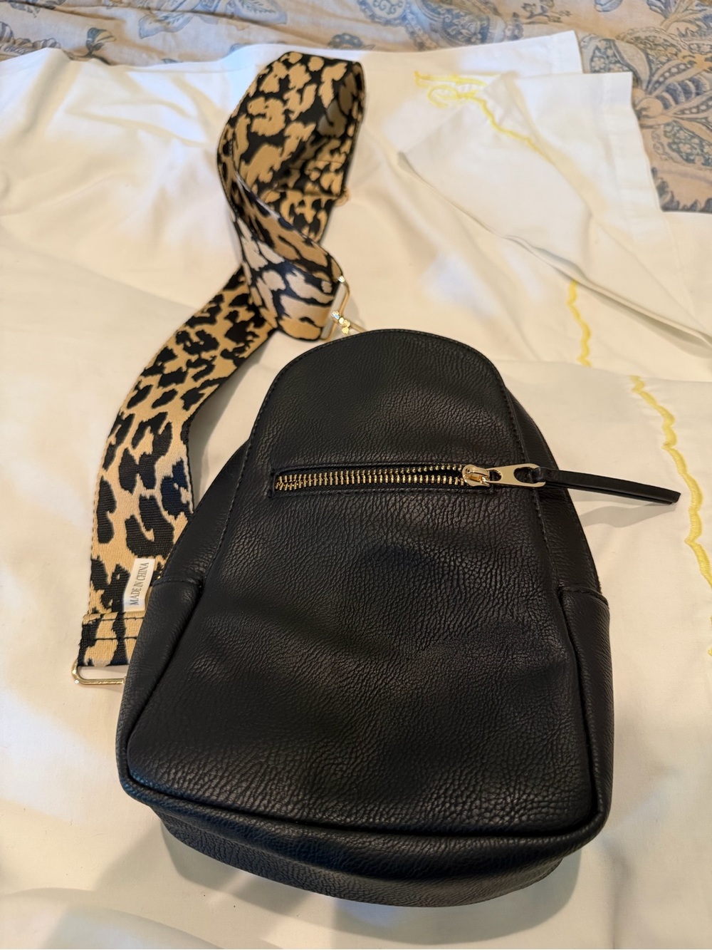Black Vegan Leather Crossbody Sling Bag with Guitar Leopard Strap